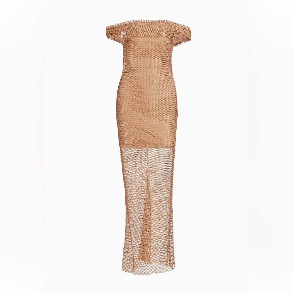 Self-Portrait Hotfix Draped Off-Shoulder Rhinestone Fishnet Maxi